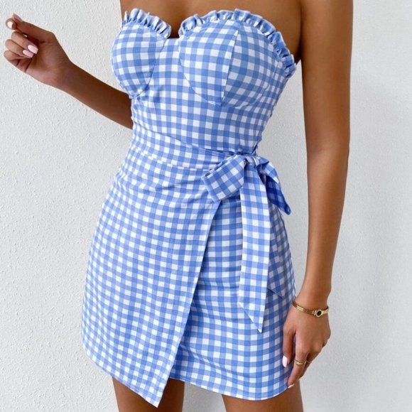 Plaid Gingham Print Frill Trim Knot Side Tube Dress blue - Picture 5 of 9